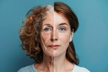 Skincare transitions from old and young comparisons enhance aging lines through aging and anti aging cream applications, enriching aging solutions. - obrazy, fototapety, plakaty