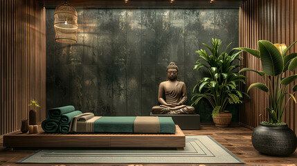 daybed with towels in thai massage parlor; buddha figure on background; wooden wall material; minimalistic modern zen style