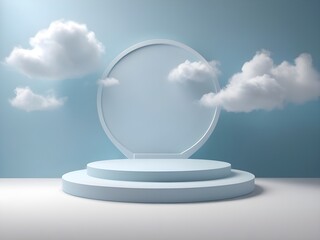 The 3D product showcases a cloud podium with a sky white display platform, creating an abstract stage scene with a minimal cloud background. 