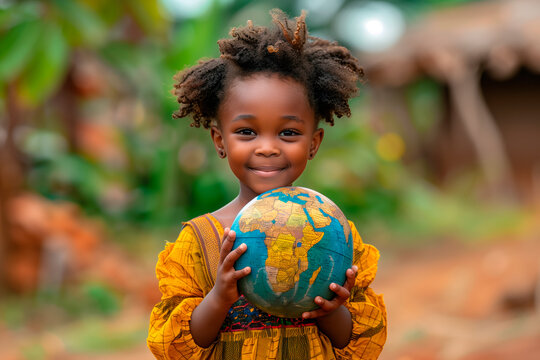 A young girl is holding a globe in her hands. She is smiling and she is happy.