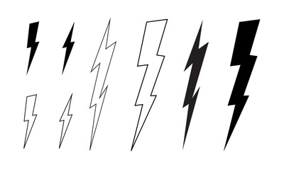 Set of bolt icons. Thunder, electric light flash, battery charging, warning, energy or power signs. Speed, shock or strike anime symbols isolated on white background. Vector graphic illustration