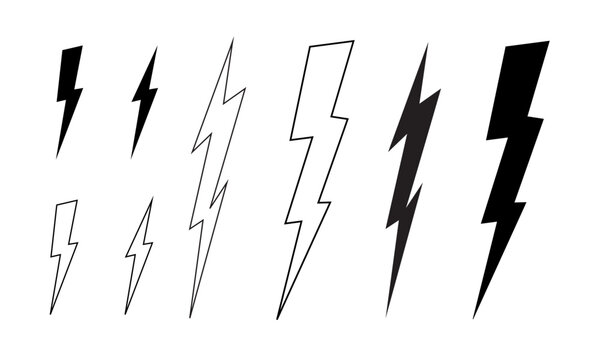 Set of bolt icons. Thunder, electric light flash, battery charging, warning, energy or power signs. Speed, shock or strike anime symbols isolated on white background. Vector graphic illustration