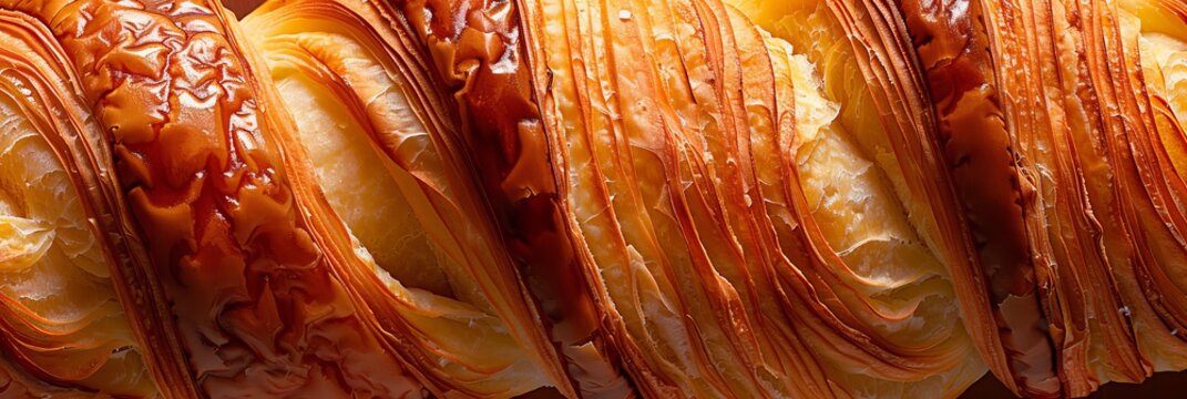 Macro shot of a croissant displaying flaky layers and buttery texture in hyperrealistic detail