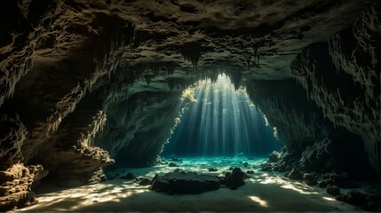 An underwater cave into which the rays of the sun penetrate