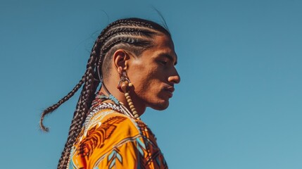 Obraz premium A man with dreadlocks and a colorful shirt stands in front of a blue sky