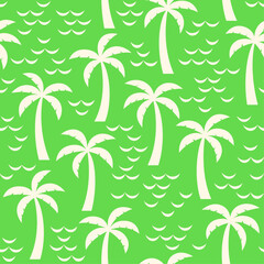 Simple hand drawn palm tree and wave seamless pattern design for summer holidays background.