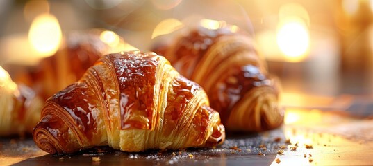 Macro capture of a fresh croissant revealing intricate layers, texture, and inviting aroma