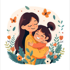 Mom hugs her daughter, they are happy, smiling, cute illustration