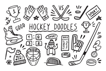 Hockey doodle elements set. Hockey puck and stick sport ball, winner cup. Hand drawn sketch style.