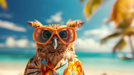Owl Wearing snorkel masks and flippers, ready for a dive. dressed in a Hawaiian shirt, on the beach, summer tones, bright rich colors, cinematic - obrazy, fototapety, plakaty