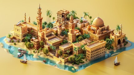 Obraz premium Cairo city 3D render Cute isometric floating illustration Banner for advertising Travel graphics animation