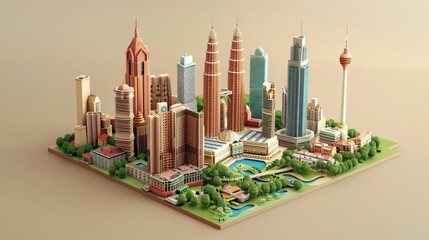 Kuala Lumpur city 3D render Cute isometric floating illustration Banner for advertising Travel graphics animation