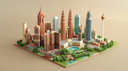 Naklejka premium Kuala Lumpur city 3D render Cute isometric floating illustration Banner for advertising Travel graphics animation