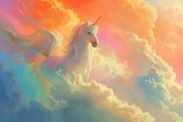 A unicorn is flying through a sky full of clouds