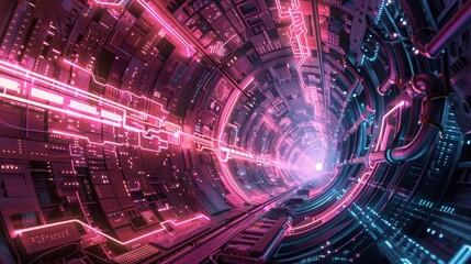 Neon-Lit Futuristic Tunnel in Sci-Fi Setting
 - obrazy, fototapety, plakaty