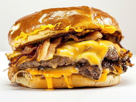 A large burger with two beef patties, bacon, and cheese