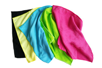 Set of colorful colorful microfiber cleaning cloths in a pile. White background, isolate.