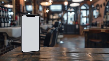 Smartphone in white screen for mock up on barbershop background. Advertisement, promotion mockup or app presentation, promotion concept.