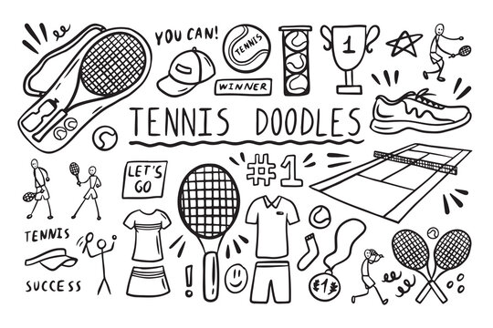 Tennis doodle elements set. Big tennis racket, tennis ball, winner cup. Hand drawn sketch style.