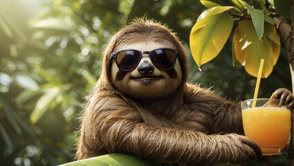 Fototapeta premium a sloth wearing sunglasses and a blue backpack, sitting on a wooden railing with a fruity orange drink next to it.