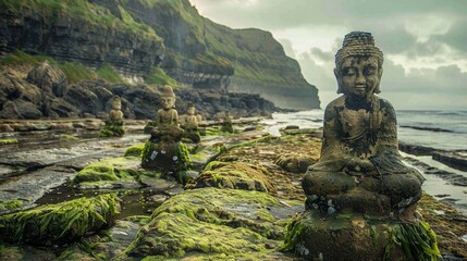A coastal area where the tide regularly uncovers old, moss-covered statues from a lost civilization. 