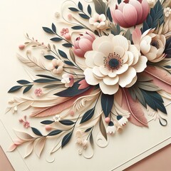 Elegant Collection of Handcrafted Paper Flowers and Leaves in Pastel Tones on a Textured Background