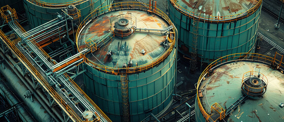 banner of Large commodity tanks in an industrial area, top View