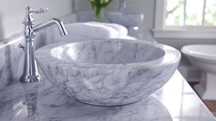 A clean white marble countertop in the bathroom. The background is a blurry washbasin, faucet, and towel