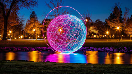 a colorful, pink and purple, long exposure photo of an abstract sphere made from light trails - obrazy, fototapety, plakaty