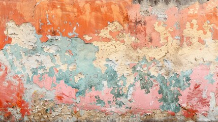 Rustic Weathered Wall Texture With Flaking Layers Of Paint In Coral, Peach, And Turquoise. A Vintage Aesthetic. Artistic Background With A Grunge Texture. AI Generated