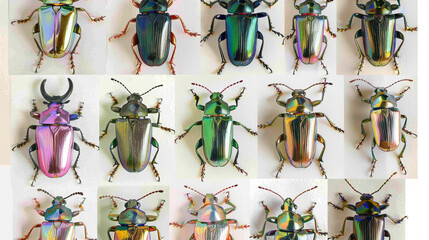 A grid of various colored iridescent shiny jewel beetle illustrations on a white background. - obrazy, fototapety, plakaty
