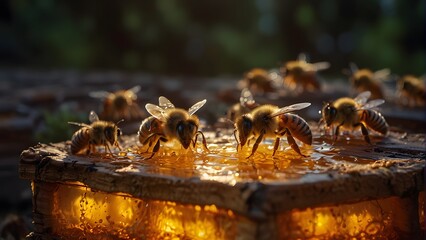 Honeybees Producing Fresh Honey on a Golden Honeycomb, World Bee Day