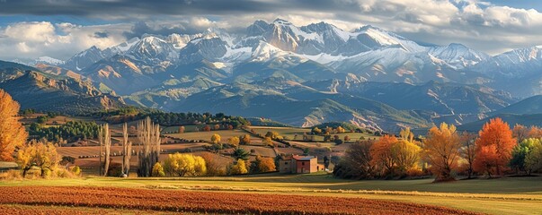 Captivating autumnal agricultural vista in Cerdanya, Girona, Spain, with the snow-capped Pyrenees...