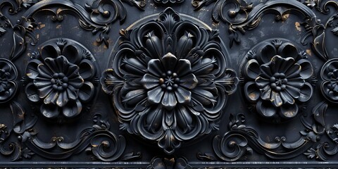 Intricate Dark Ornate Pattern Wallpaper. Black 3D Rosette Background.