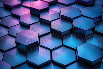 Hexagonal metallic surface with glowing purple and blue highlights. - obrazy, fototapety, plakaty