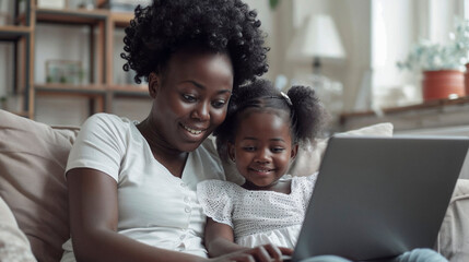 Smiling African mother and daughter enjoying time together with a laptop at home.