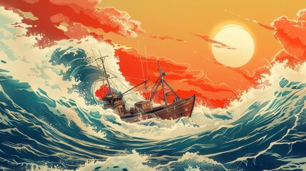 dynamic scene with a fishing boat braving turbulent waters and crashing waves under a brilliant sun Japanese illustration style