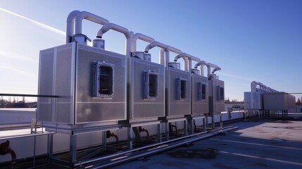 Obraz premium Rooftop Direct Air Capture Units Under Cloudy Skies, Illustrating Urban Adaptation to Climate Change