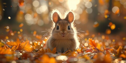 Cute little rabbit on autumn leaves background, closeup of photo