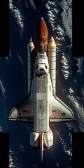 A space shuttle is flying through the sky. The shuttle is white and red and has the letters 