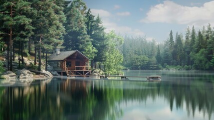 Obraz premium A cabin is on a lake with a dock and a boat