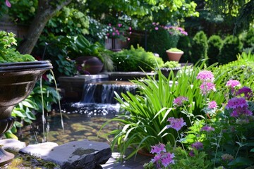 A garden with a fountain and a lot of flowers