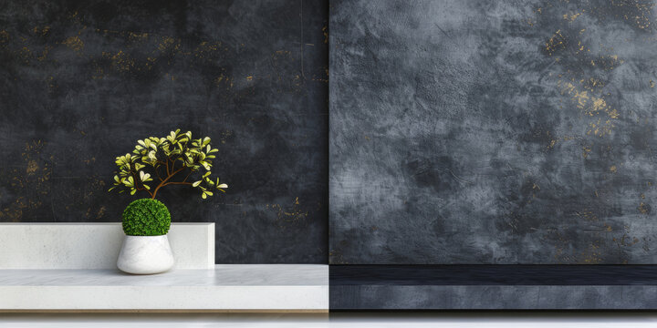 The two images show a black and white wall with a white vase of a plant on a shelf. The first image has a more minimalist and modern feel, while the second image has a more industrial and rugged feel