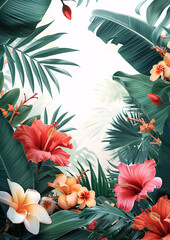 Tropical Floral Background with Exotic Flowers and Lush Foliage
