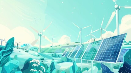 A drawing of a field with windmills and solar panels