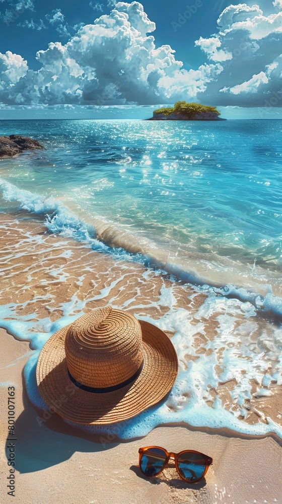 Canvas Prints A peaceful beach scene, featuring a sun hat, sunglasses