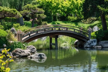 A bridge spans a body of water in a park
