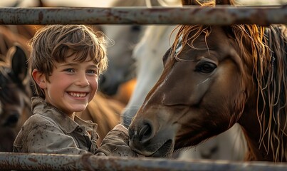 A young boy laughs as he pets a group of horses behind a metal fence