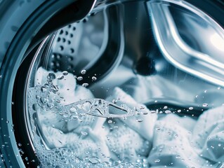 Closeup of washing machine is filled with water and clothes