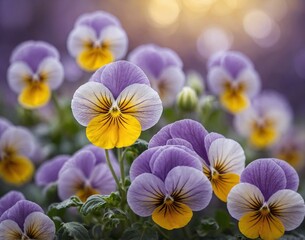 Purple yellow pansy violets on blurred background